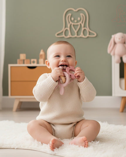 Soft & Hard | Bunny & Leaf RATTLE Wood & Silicone Teether | Blush & Rose |  rammelaar  | Bijtring