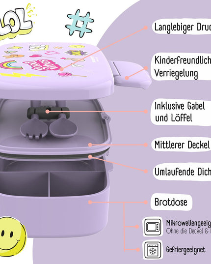 Kinder-Lunchbox mit Fächern, auslaufsicher – Aufkleber, lila