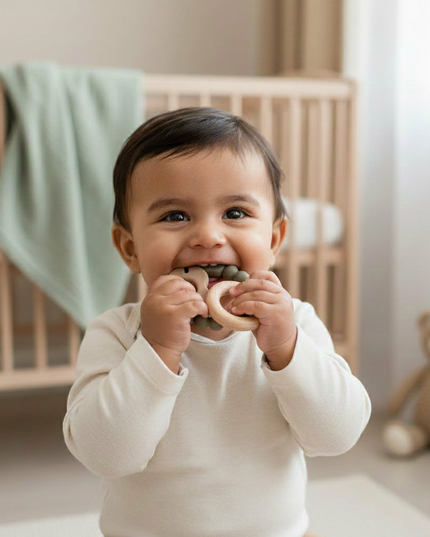 Soft & Hard | Leaf RATTLE Wood & Silicone Teether | Sage & Khaki | Rammelaar | Bijtring