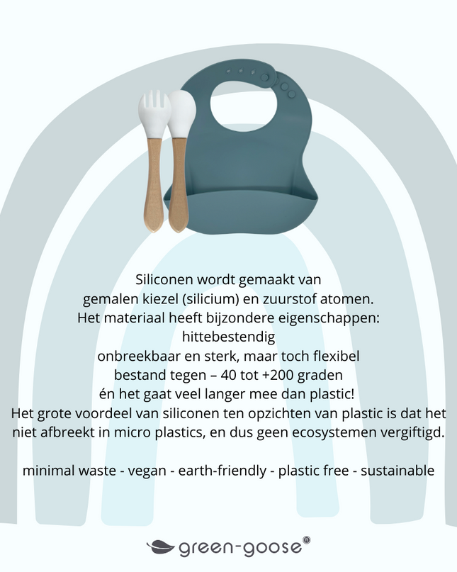 green-goose Siliconen Slabbetje en Bamboe Bestek - Petrol