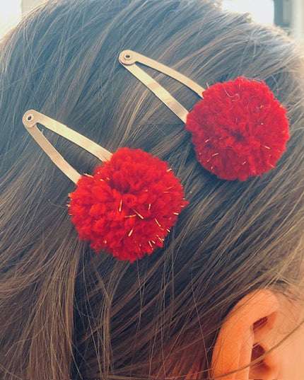 Luna -Leena haarspeldjes POM POM (set) - Rood & Gold Flakes - Soft Wol - Handgemaakte Nepal