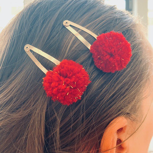 Luna -Leena haarspeldjes POM POM (set) - Rood & Gold Flakes - Soft Wol - Handgemaakte Nepal
