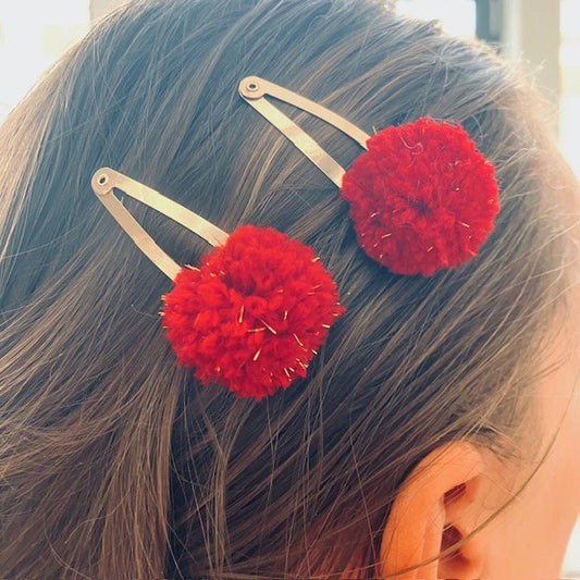 Luna -Leena haarspeldjes POM POM (set) - Rood & Gold Flakes - Soft Wol - Handgemaakte Nepal