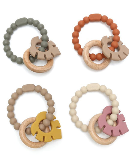 Soft & Hard | Leaf RATTLE Wood & Silicone Teether | Sage & Khaki | Rammelaar | Bijtring