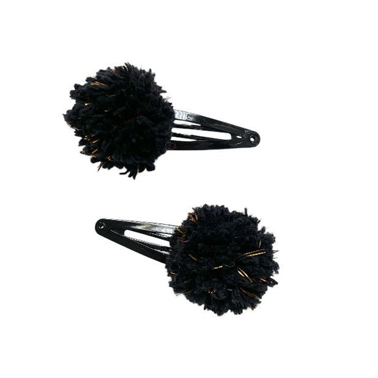 Luna -Leena haarspeldjes POM POM (set) - Zwart en gouden vlokken - Zachte wol - handgemaakt in Nepal