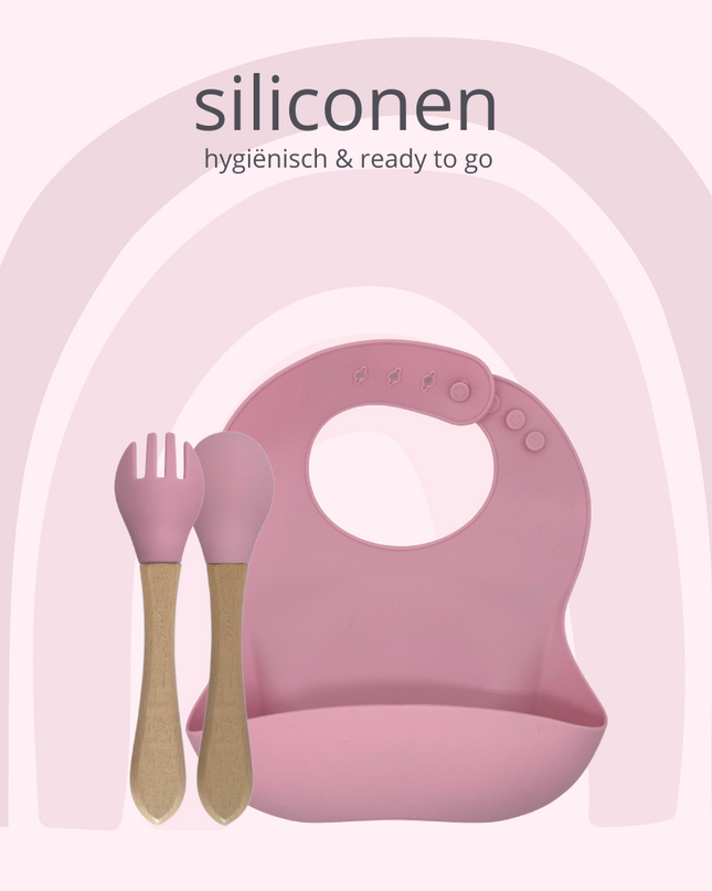 green-goose Siliconen Slabbetje en Bamboe Bestek - Roze