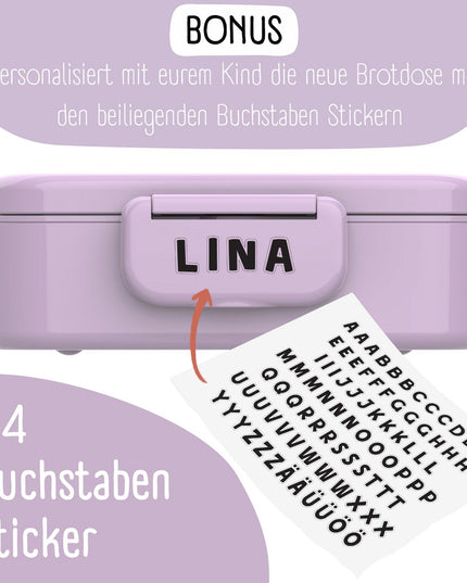 Kinder-Lunchbox mit Fächern, auslaufsicher – Aufkleber, lila