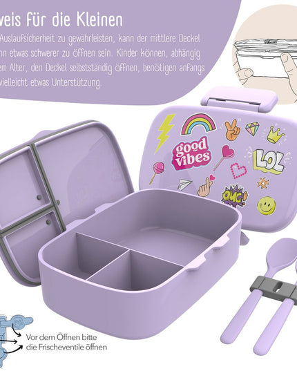 Kinder-Lunchbox mit Fächern, auslaufsicher – Aufkleber, lila