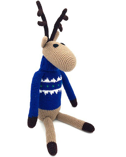 Luna-Leena rendier met coltrui blauw - 100% zachte wol - hand gehaakt in Nepal