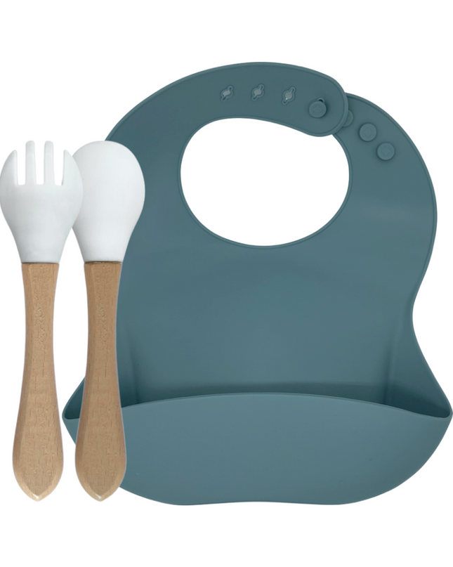 green-goose Siliconen Slabbetje en Bamboe Bestek - Petrol