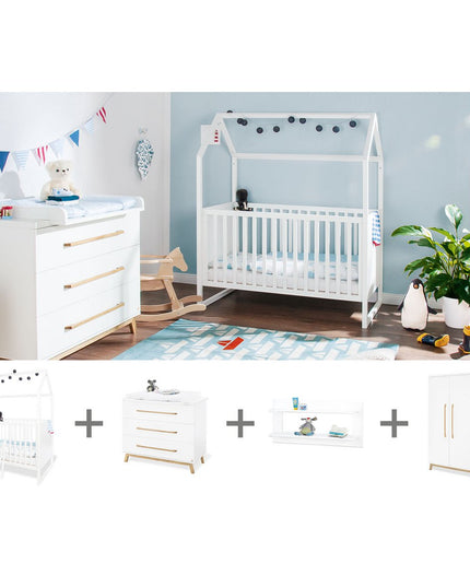 Startset 'Hilda & Riva' breed groot, wit, incl. wandplank4 delen: huisbed, brede commode, grote kledingkast, wandplank