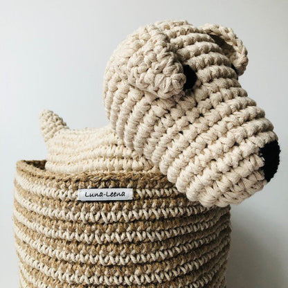 Luna -Leena opbergmand  High met Off White Stripes - Jute & Cotton - H30cm - Hand Crochet in Nepal