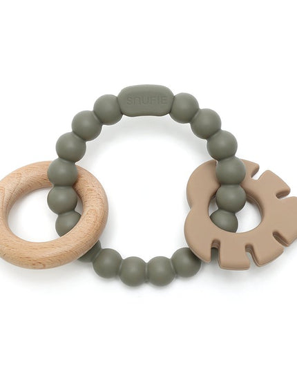 Soft & Hard | Leaf RATTLE Wood & Silicone Teether | Sage & Khaki | Rammelaar | Bijtring