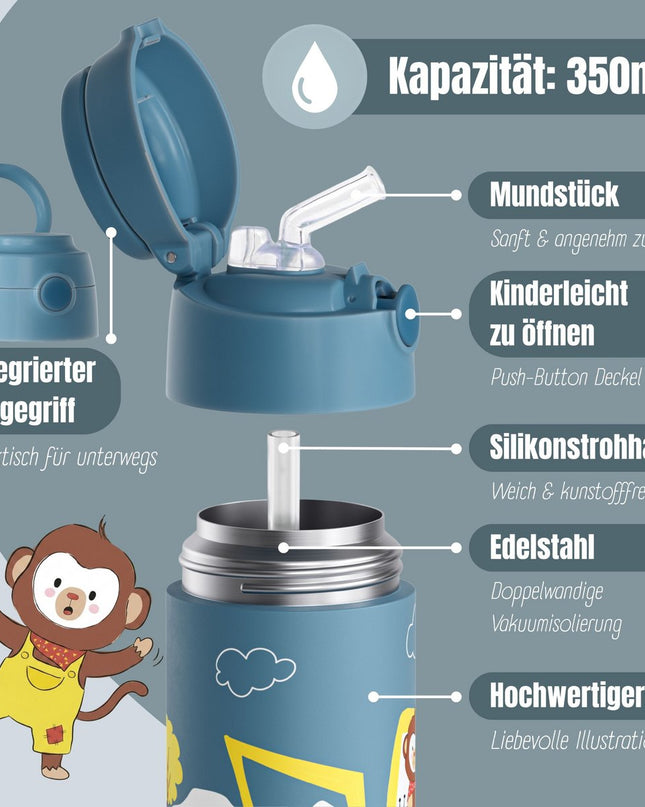 Thermo kinderdrinkfles bidon RVS - graafmachine aap blauw