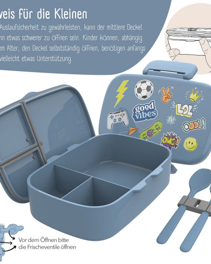 Kinder-Lunchbox mit Fächern, auslaufsicher – Aufkleber, blau
