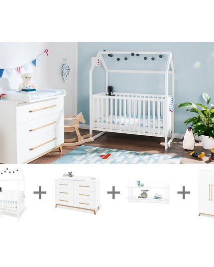 Startset 'Hilda & Riva' extra breed, wit, incl. wandplank4 delen: huisbed, extra brede commode, 2-deurs kledingkast, wandplank
