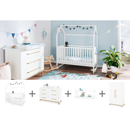 Startset 'Hilda & Riva' extra breed, wit, incl. wandplank4 delen: huisbed, extra brede commode, 2-deurs kledingkast, wandplank