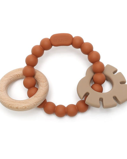 Soft & Hard | Leaf RATTLE Wood & Silicone Teether | Rust & Khaki | Rammelaar | Bijtring