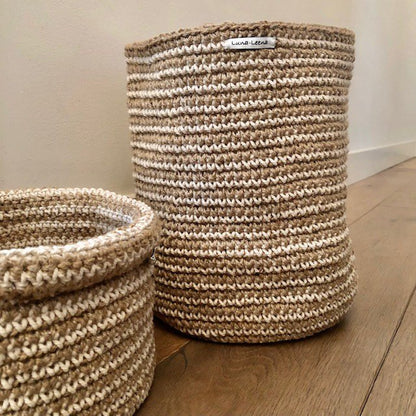 Luna -Leena opbergmand  High met Off White Stripes - Jute & Cotton - H30cm - Hand Crochet in Nepal