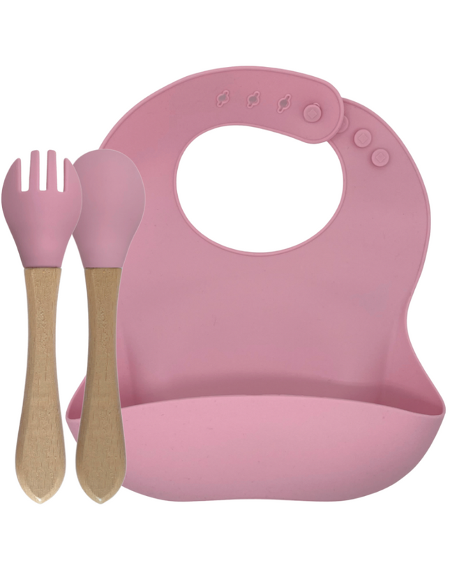 green-goose Siliconen Slabbetje en Bamboe Bestek - Roze