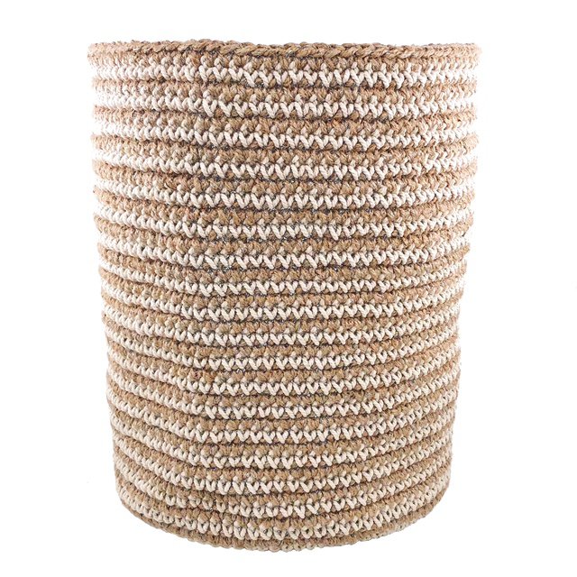 Luna -Leena opbergmand  High met Off White Stripes - Jute & Cotton - H30cm - Hand Crochet in Nepal