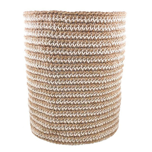 Luna -Leena opbergmand  High met Off White Stripes - Jute & Cotton - H30cm - Hand Crochet in Nepal