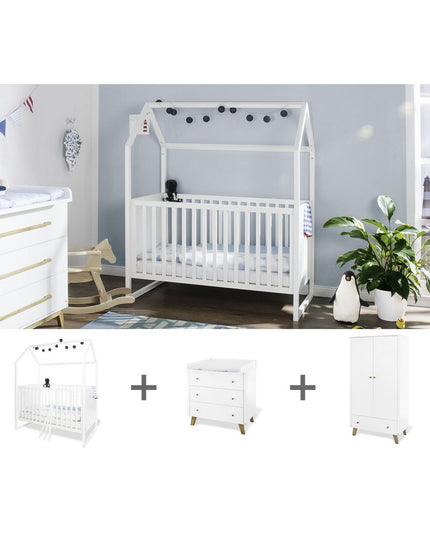 Startset 'Hilda & Pan' breed, wit3 delen: huisbed, brede commode, 2-deurs kledingkast