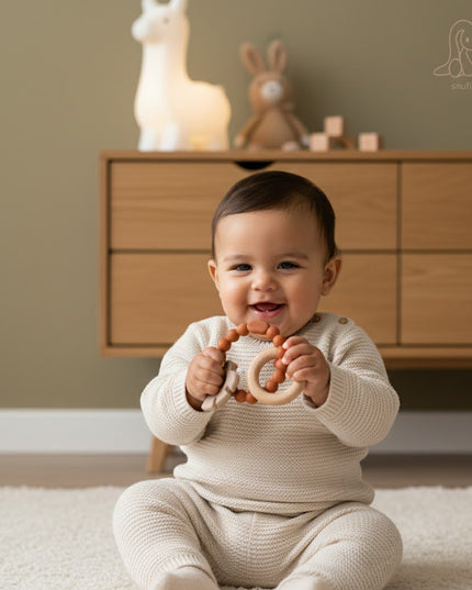 Soft & Hard | Leaf RATTLE Wood & Silicone Teether | Rust & Khaki | Rammelaar | Bijtring