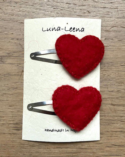 Luna -Leena haarspeldjes Harten (Set) - rood - viltwol - handgemaakt in Nepal
