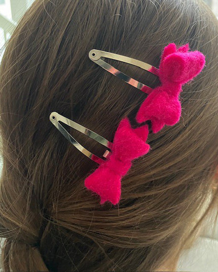 Luna -Leena haarspeldjes Bow (Set) - Fuchsia - Filt Wool - Handmade in Nepal