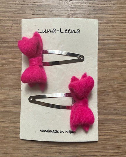 Luna -Leena haarspeldjes Bow (Set) - Fuchsia - Filt Wool - Handmade in Nepal
