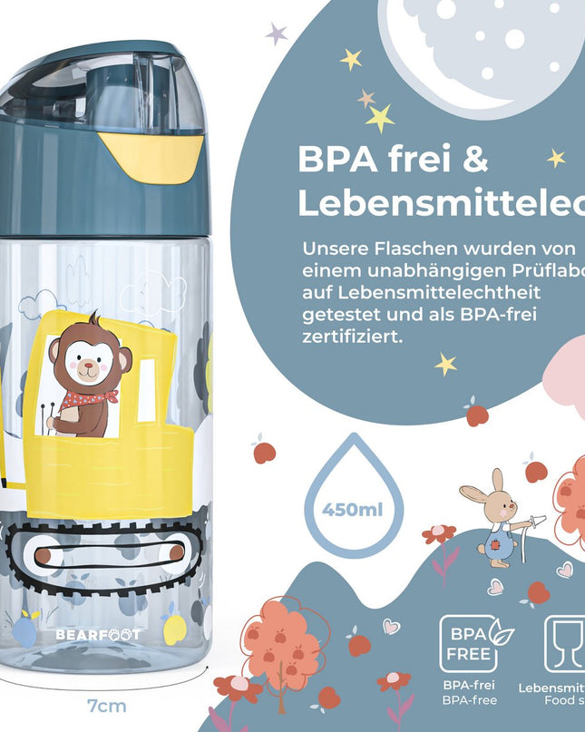 Children's water bottle, lightweight water bottle - excavator &amp; monkey