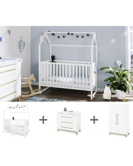Startset 'Hilda & Riva' breed, wit3 delen: huisbed, brede commode, 2-deurs kledingkast