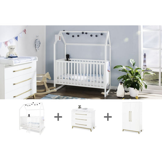 Startset 'Hilda & Riva' breed, wit3 delen: huisbed, brede commode, 2-deurs kledingkast
