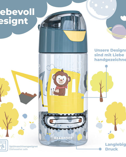 Children's water bottle, lightweight water bottle - excavator &amp; monkey