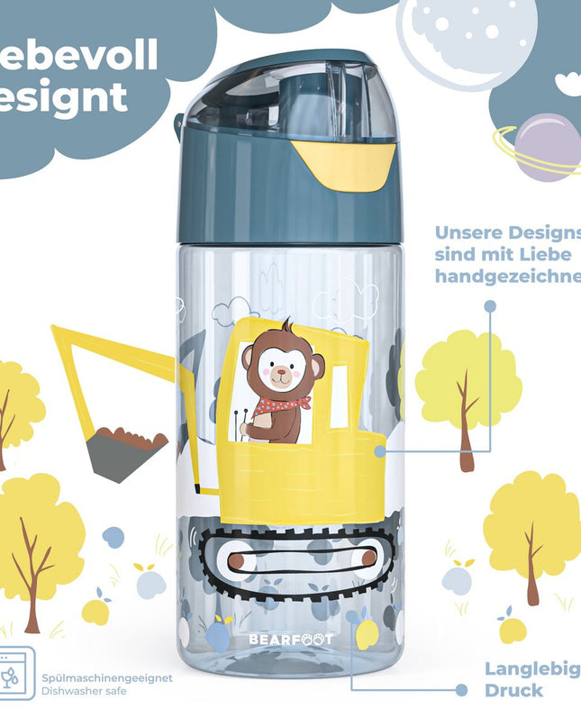 Children's water bottle, lightweight water bottle - excavator &amp; monkey