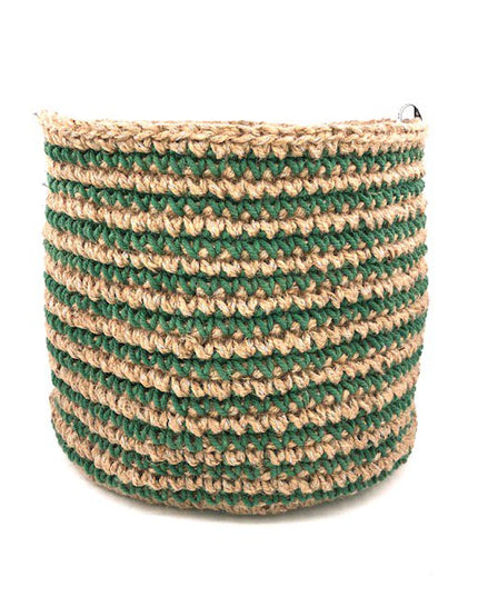 Luna-Leena opbergmand laag met strepen H18cm - jute & groen katoen - handgehaakt in Nepal