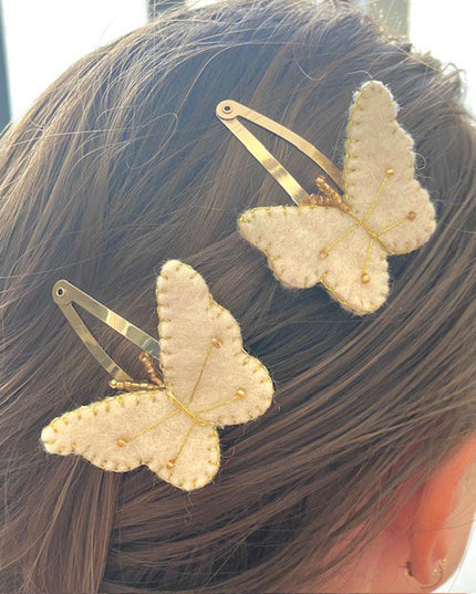 Luna -Leena haarspeldjes (Set) - Off White & Gold - Filt Wol - Handmade in Nepal