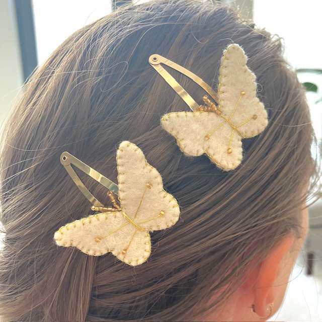 Luna -Leena haarspeldjes (Set) - Off White & Gold - Filt Wol - Handmade in Nepal