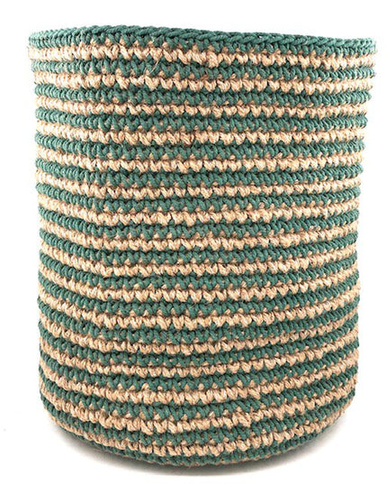 Luna -Leena opbergmand Hoog met groene strepen - Jute & Cotton - H30cm - Hand Haak in Nepal
